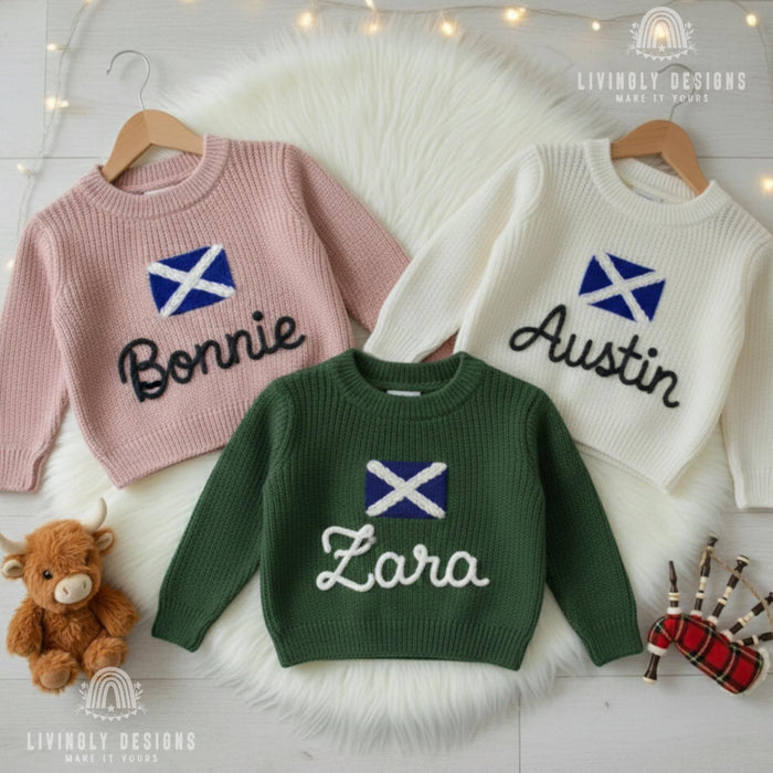 Personalized Scotland Flag Custom Name Embroidered Parent and Child Matching Sweaters