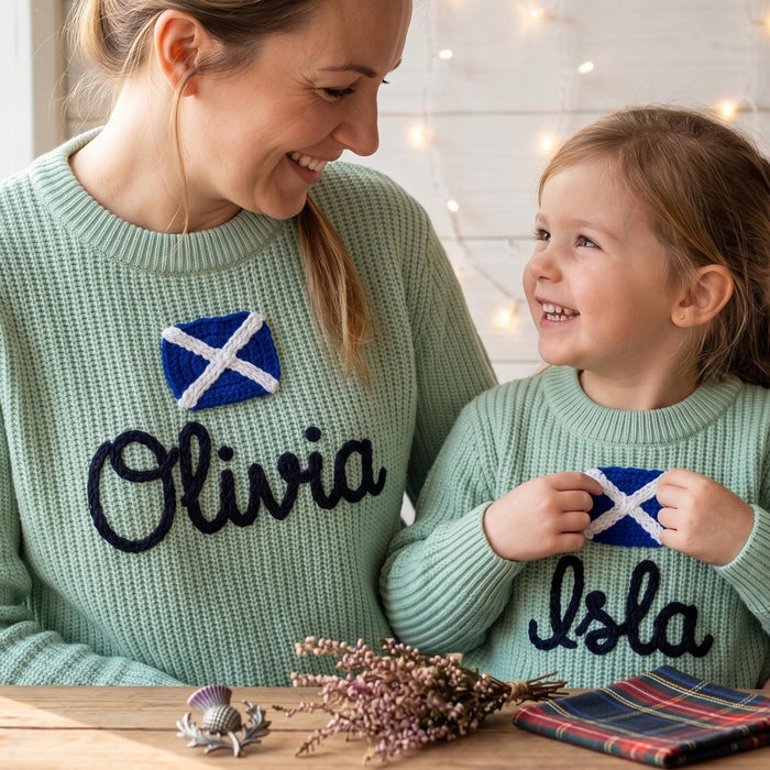 Personalized Scotland Flag Custom Name Embroidered Parent and Child Matching Sweaters