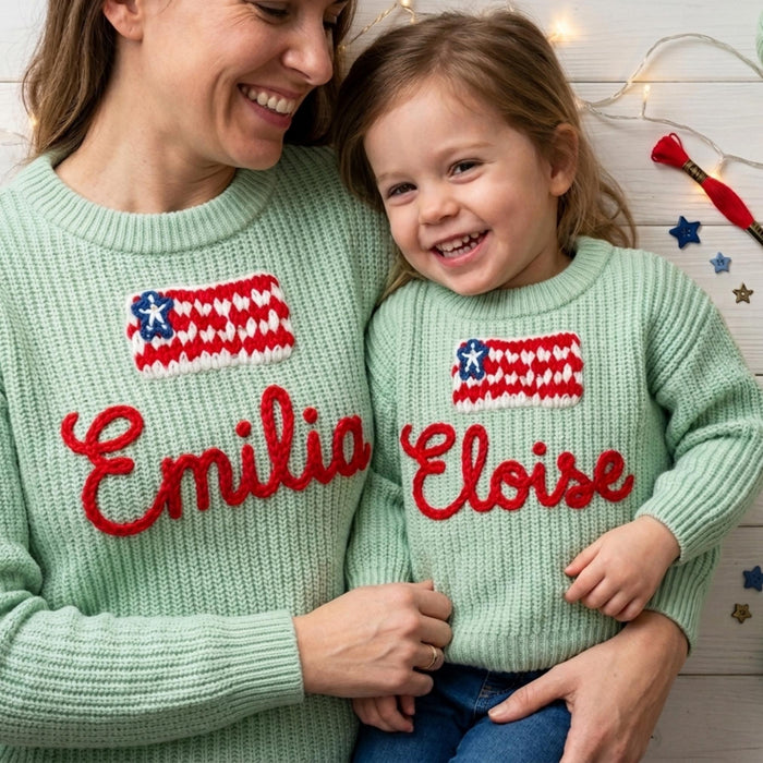 Personalized USA Flag Matching Family Sweaters Parent and Child Matching Outfit Gift