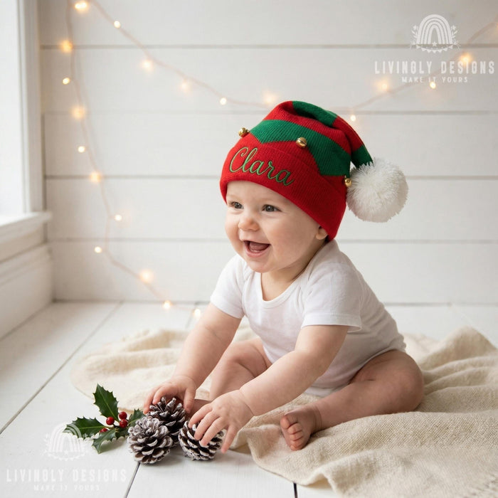 Custom Name Holiday Knit Beanie with Bells – Personalized Children's Festive Christmas Hat