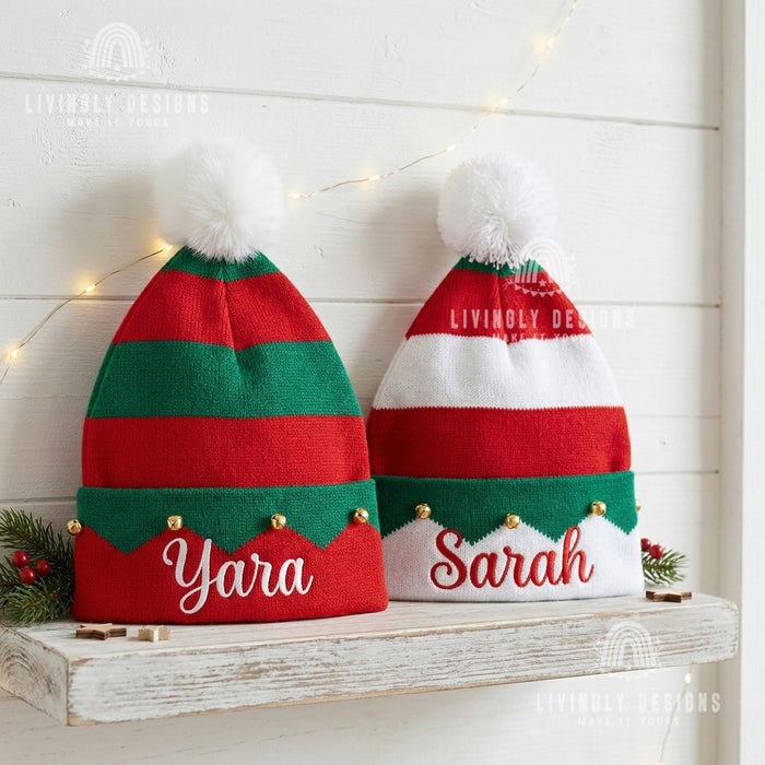 Custom Name Holiday Knit Beanie with Bells – Personalized Children's Festive Christmas Hat