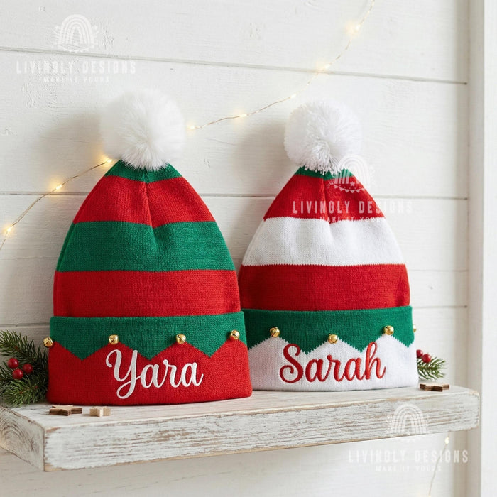 Personalized Festive Christmas Bell Beanie | Custom Cozy Knit Winter Hat with Jingle Bells | Cute Holiday Beanie for Christmas