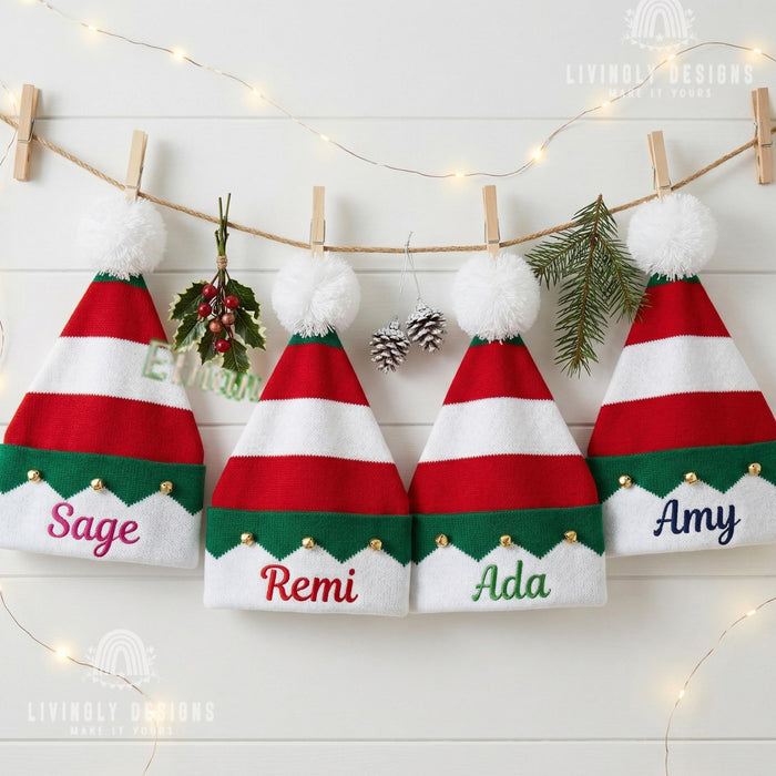 Custom Name Holiday Knit Beanie with Bells – Personalized Children's Festive Christmas Hat