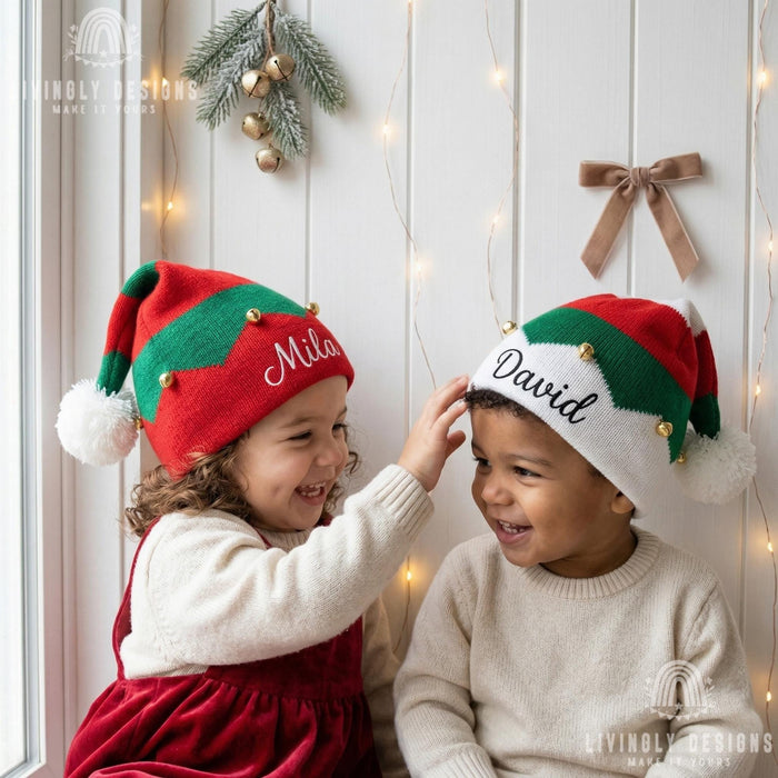 Custom Name Holiday Knit Beanie with Bells – Personalized Children's Festive Christmas Hat