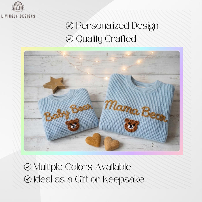 Matching Mama Bear Baby Bear Embroidered Sweaters | Personalized Mom & Baby Cozy Outfit Gift