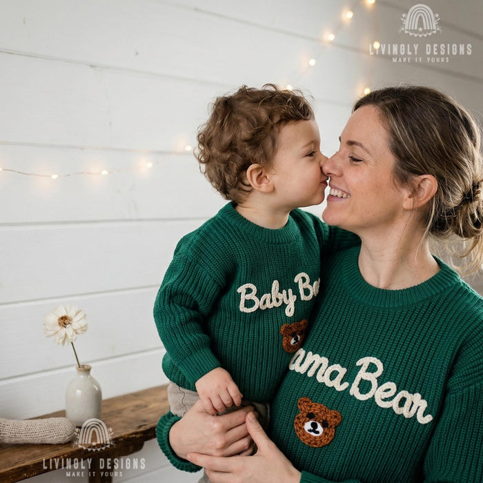 Matching Mama Bear Baby Bear Embroidered Sweaters | Personalized Mom & Baby Cozy Outfit Gift