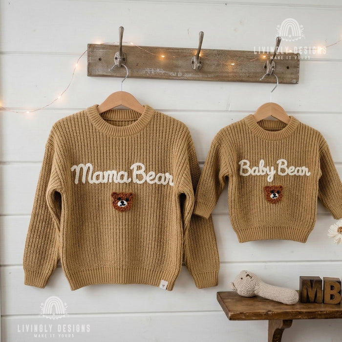 Matching Mama Bear Baby Bear Embroidered Sweaters | Personalized Mom & Baby Cozy Outfit Gift