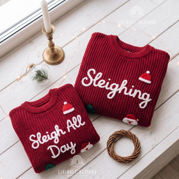 Personalized "Sleighing" Family Christmas Jumpers | Custom Embroidered Matching Parent & Child Sweater