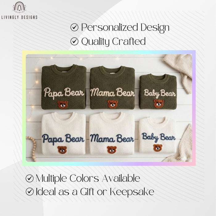 Custom Embroidered Papa Mama & Baby Bear Knit Jumper Cozy Family Gift Set