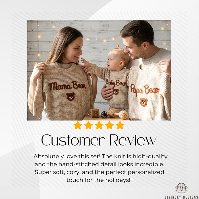 Custom Embroidered Papa Mama & Baby Bear Knit Jumper Cozy Family Gift Set