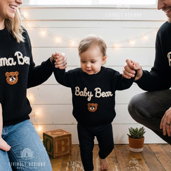 Custom Embroidered Papa Mama & Baby Bear Knit Jumper Cozy Family Gift Set