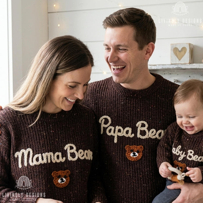 Custom Embroidered Papa Mama & Baby Bear Knit Jumper Cozy Family Gift Set