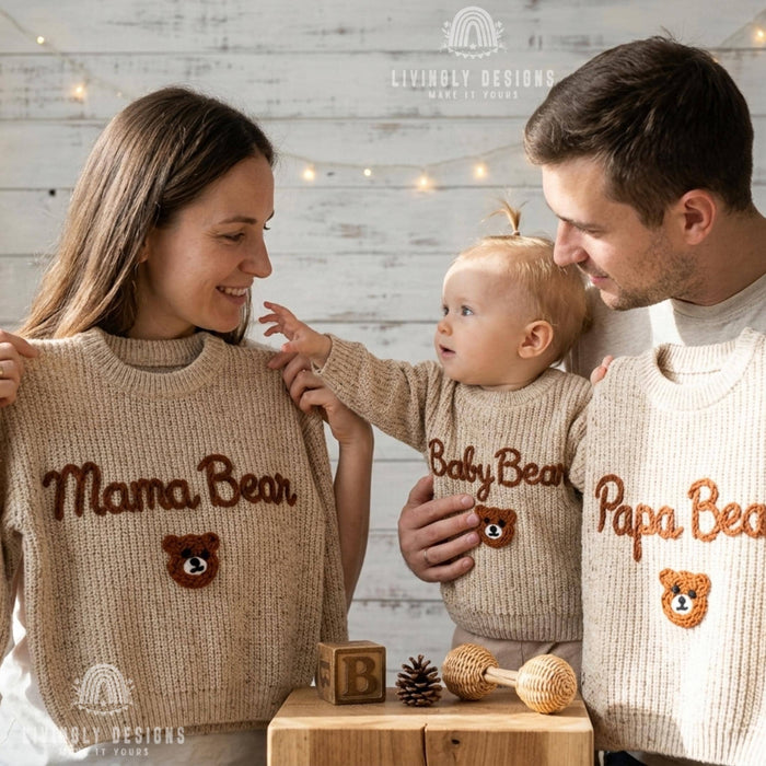 Custom Embroidered Papa Mama & Baby Bear Knit Jumper Cozy Family Gift Set