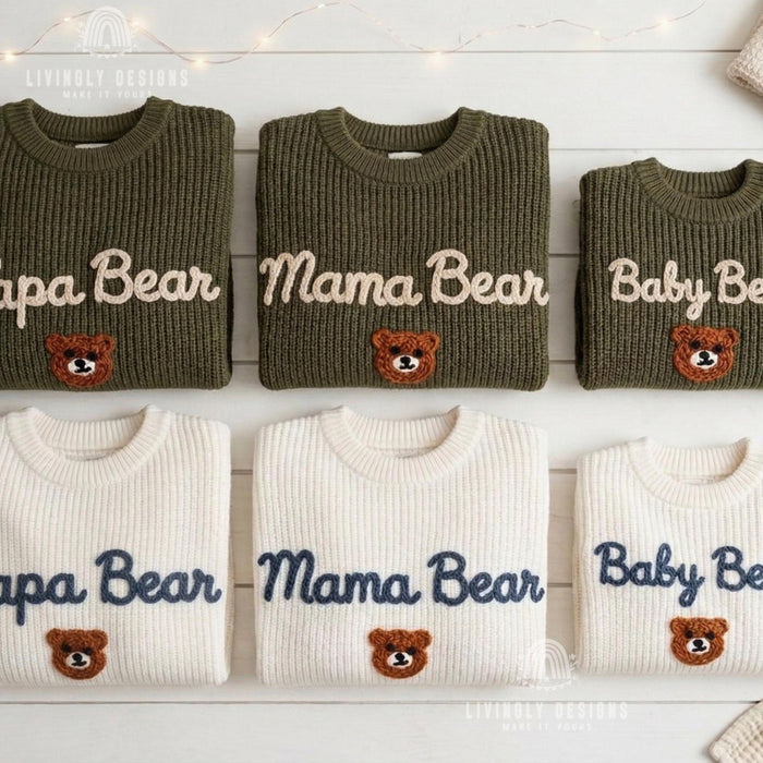 Custom Embroidered Papa Mama & Baby Bear Knit Jumper Cozy Family Gift Set