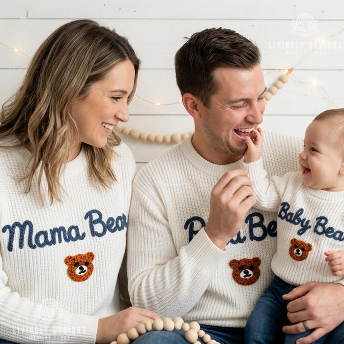 Custom Embroidered Papa Mama & Baby Bear Knit Jumper Cozy Family Gift Set