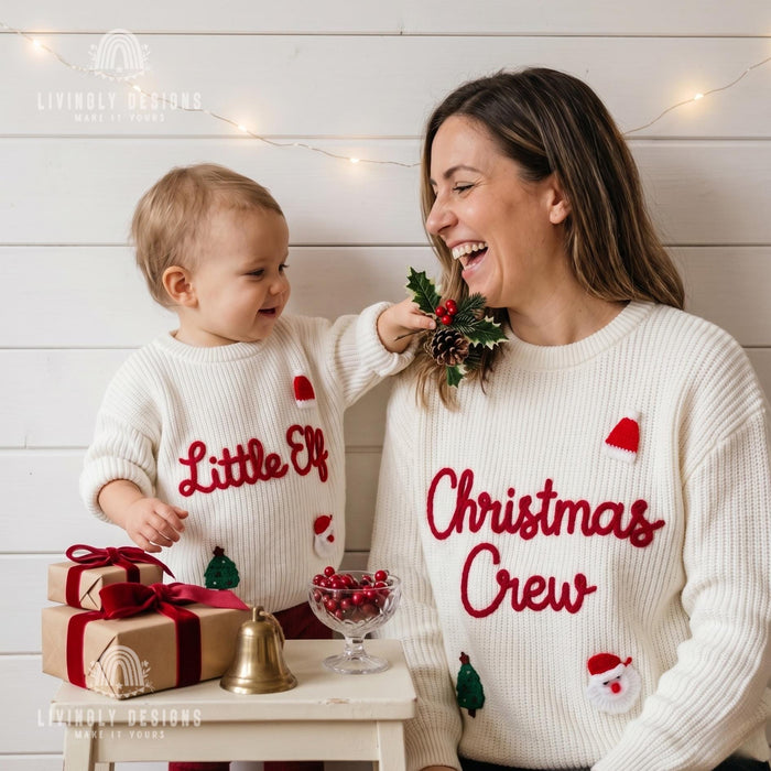 Personalized "Christmas Crew and Little Elf" Family Jumpers | Custom Embroidered Matching Parent & Baby Sweater