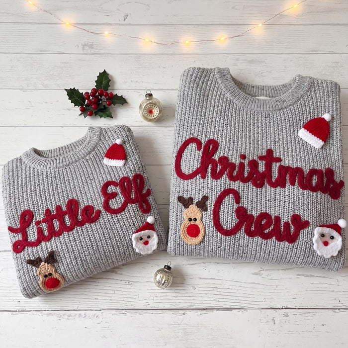 Personalized "Christmas Crew and Little Elf" Family Jumpers | Custom Embroidered Matching Parent & Baby Sweater