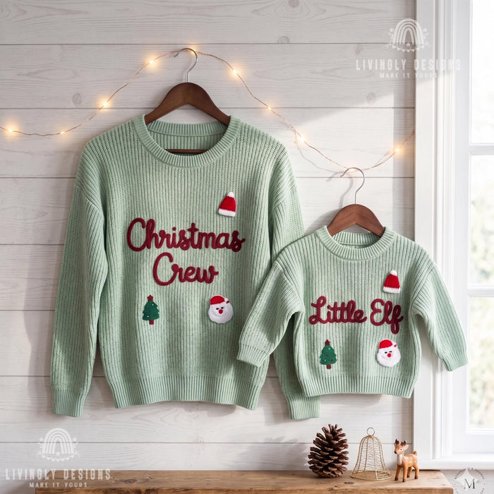 Personalized "Christmas Crew and Little Elf" Family Jumpers | Custom Embroidered Matching Parent & Baby Sweater
