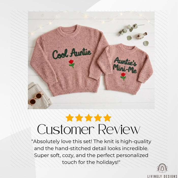 Matching "Cool Auntie and Auntie's Mini-Me" Sweaters | Embroidered Aunt & Niece Knit Jumpers