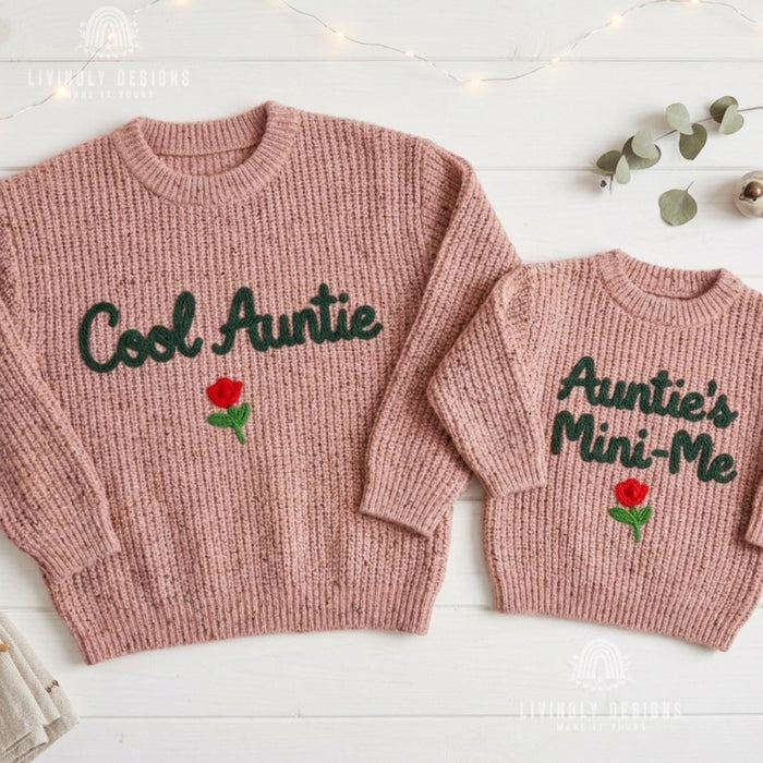 Matching "Cool Auntie and Auntie's Mini-Me" Sweaters | Embroidered Aunt & Niece Knit Jumpers