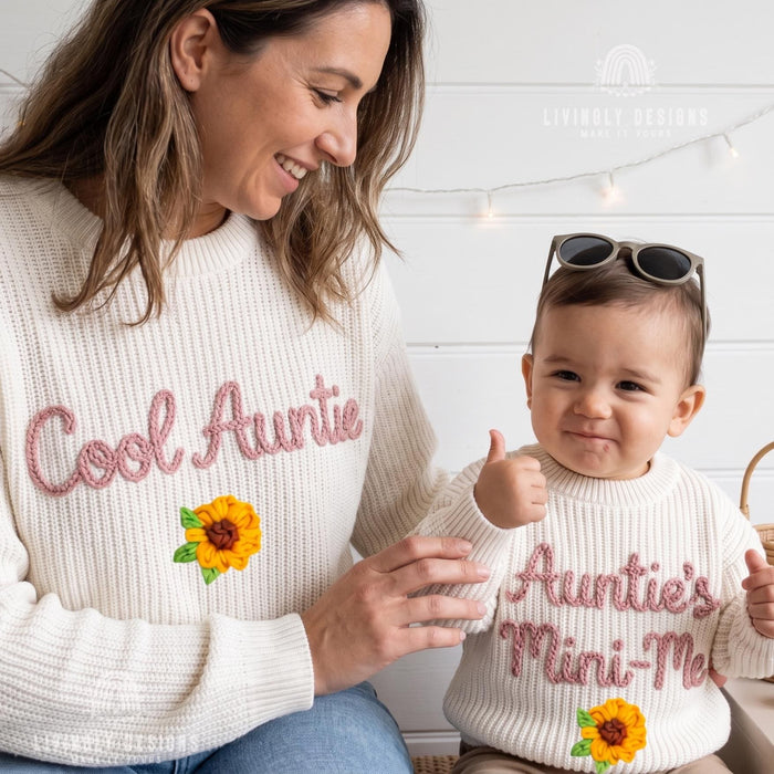 Matching "Cool Auntie and Auntie's Mini-Me" Sweaters | Embroidered Aunt & Niece Knit Jumpers