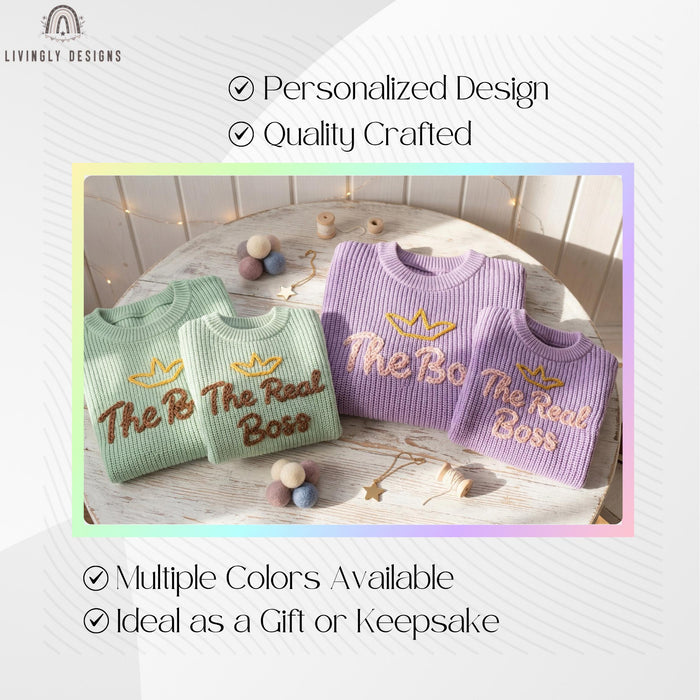 Matching Parent and Baby Crown Sweaters | Personalized “The Boss & The Real Boss” Embroidered Knitwear
