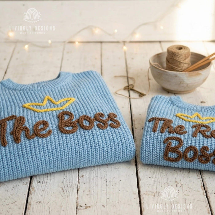Matching Parent and Baby Crown Sweaters | Personalized “The Boss & The Real Boss” Embroidered Knitwear