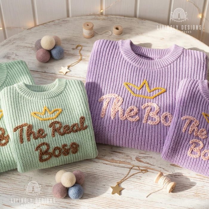Matching Parent and Baby Crown Sweaters | Personalized “The Boss & The Real Boss” Embroidered Knitwear