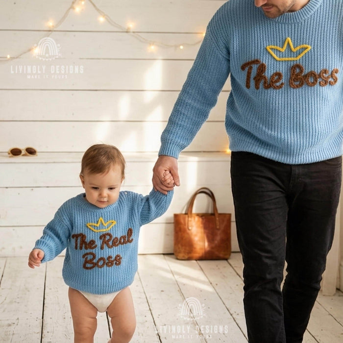 Matching Parent and Baby Crown Sweaters | Personalized “The Boss & The Real Boss” Embroidered Knitwear