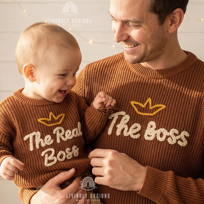 Matching Parent and Baby Crown Sweaters | Personalized “The Boss & The Real Boss” Embroidered Knitwear