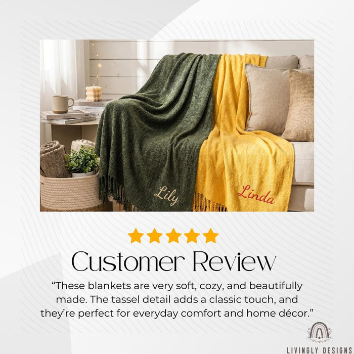 Custom Name Nordic Chenille Blanket, Soft Decorative Throw with Tassel Detail