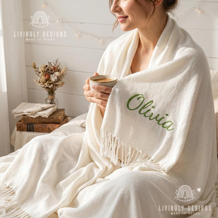 Custom Name Nordic Chenille Blanket, Soft Decorative Throw with Tassel Detail