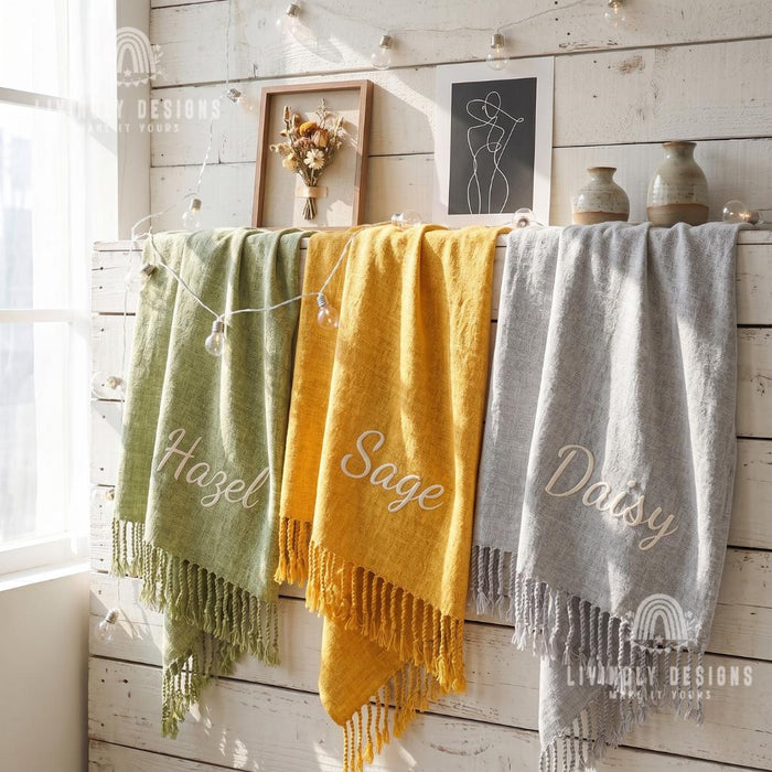 Custom Name Nordic Chenille Blanket, Soft Decorative Throw with Tassel Detail