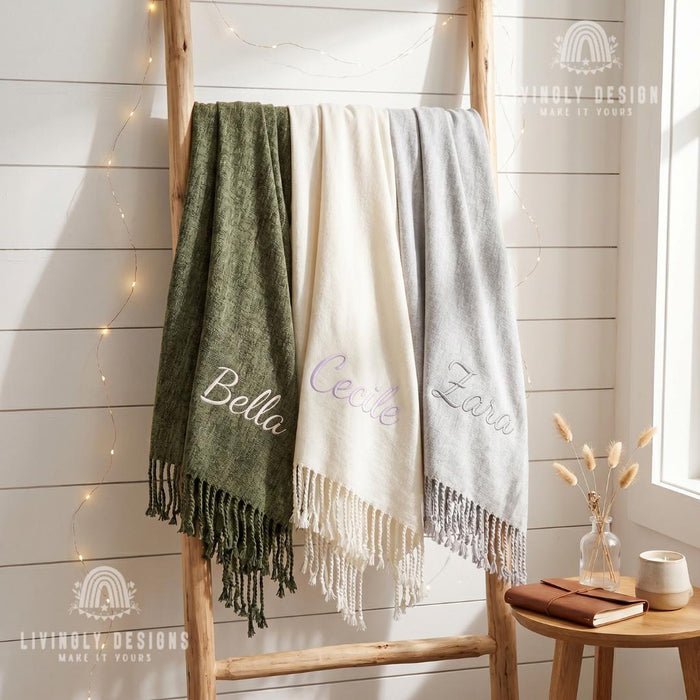 Custom Name Nordic Chenille Blanket, Soft Decorative Throw with Tassel Detail
