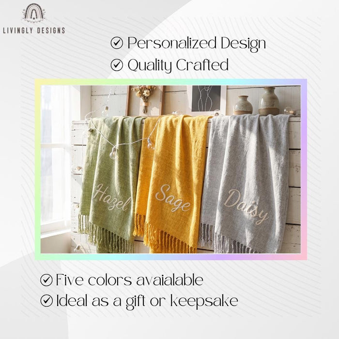 Custom Name Nordic Chenille Blanket, Soft Decorative Throw with Tassel Detail