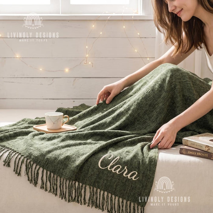 Custom Name Nordic Chenille Blanket, Soft Decorative Throw with Tassel Detail