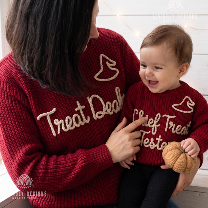 Matching "Treat Dealer, Chief Treat Tester" Halloween Sweater | Parent & Child Knit Jumper