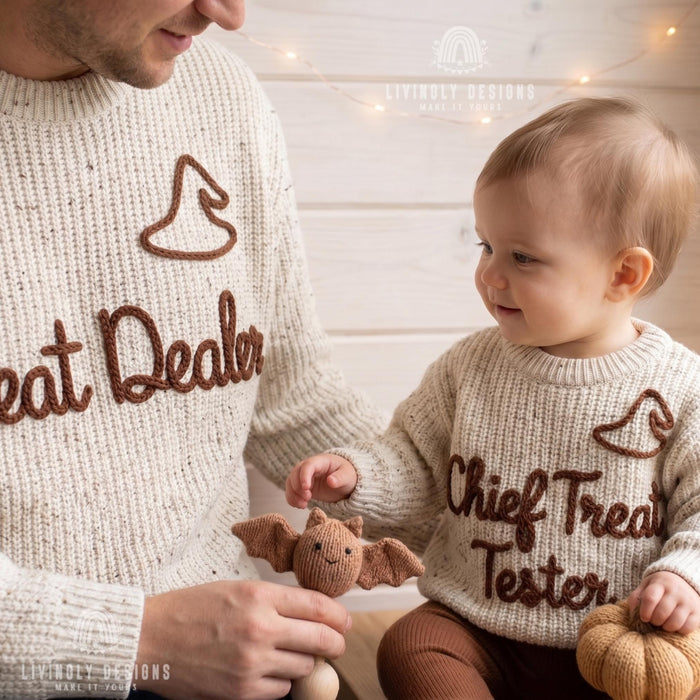 Matching "Treat Dealer, Chief Treat Tester" Halloween Sweater | Parent & Child Knit Jumper