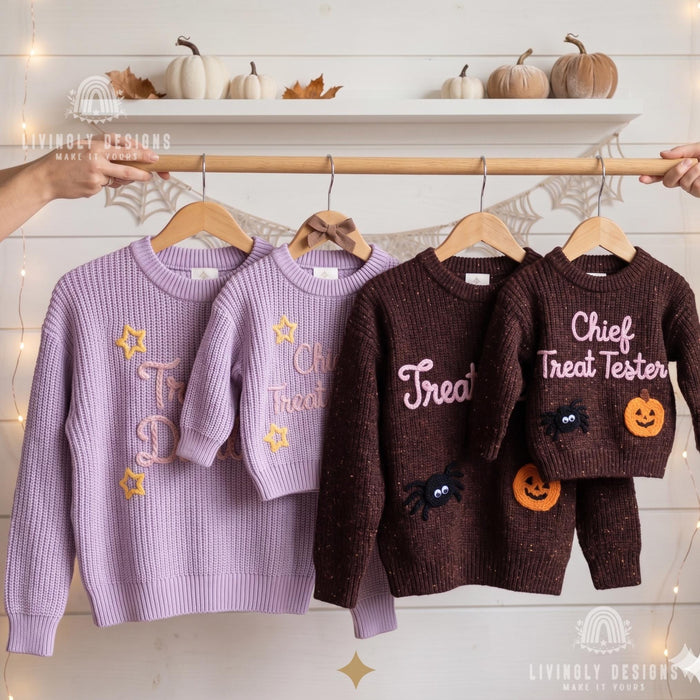 Matching "Treat Dealer, Chief Treat Tester" Halloween Sweater | Parent & Child Knit Jumper