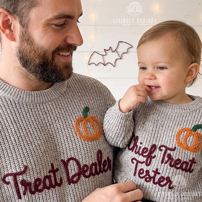 Matching "Treat Dealer, Chief Treat Tester" Halloween Sweater | Parent & Child Knit Jumper