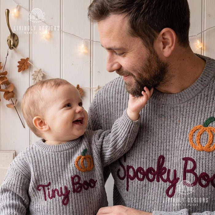 Personalized Spooky Boo, Tiny Boo Matching Halloween Jumpers Parent & Baby Knit Sweater