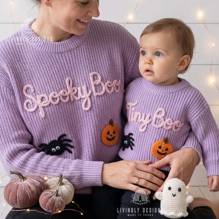 Personalized Spooky Boo, Tiny Boo Matching Halloween Jumpers Parent & Baby Knit Sweater