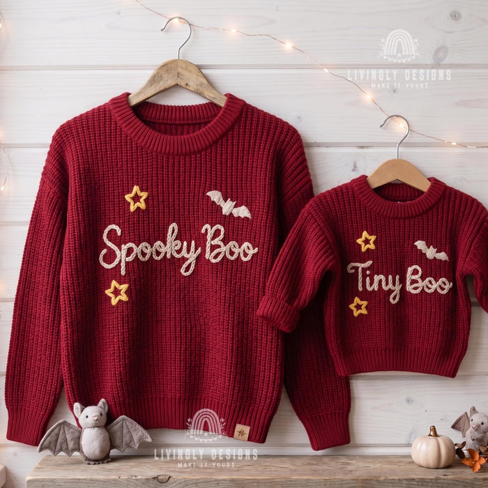 Personalized Spooky Boo, Tiny Boo Matching Halloween Jumpers Parent & Baby Knit Sweater