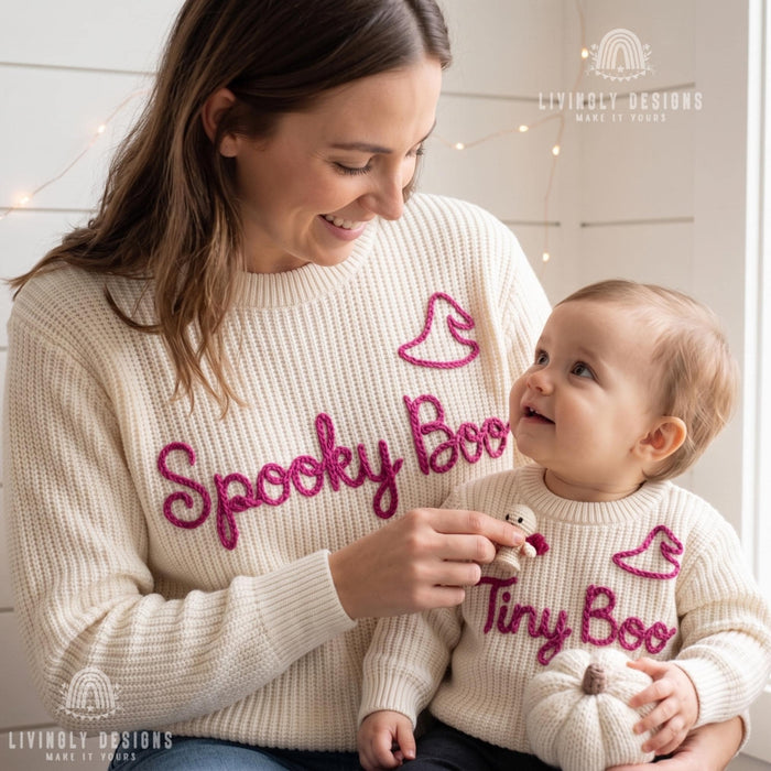 Personalized Spooky Boo, Tiny Boo Matching Halloween Jumpers Parent & Baby Knit Sweater