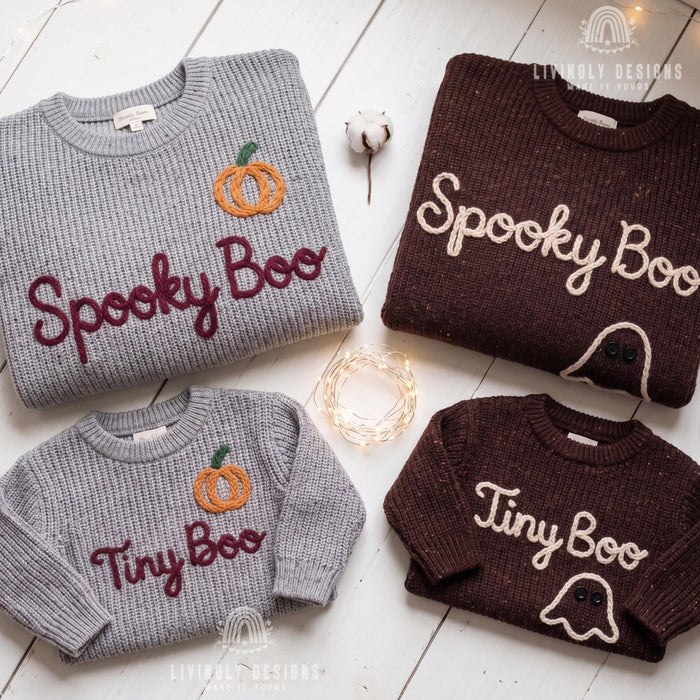 Personalized Spooky Boo, Tiny Boo Matching Halloween Jumpers Parent & Baby Knit Sweater