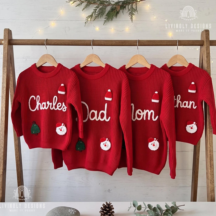 Matching Personalized Family Christmas Knit Sweaters | Custom Embroidered Name Mom Dad & Kids Jumper Set