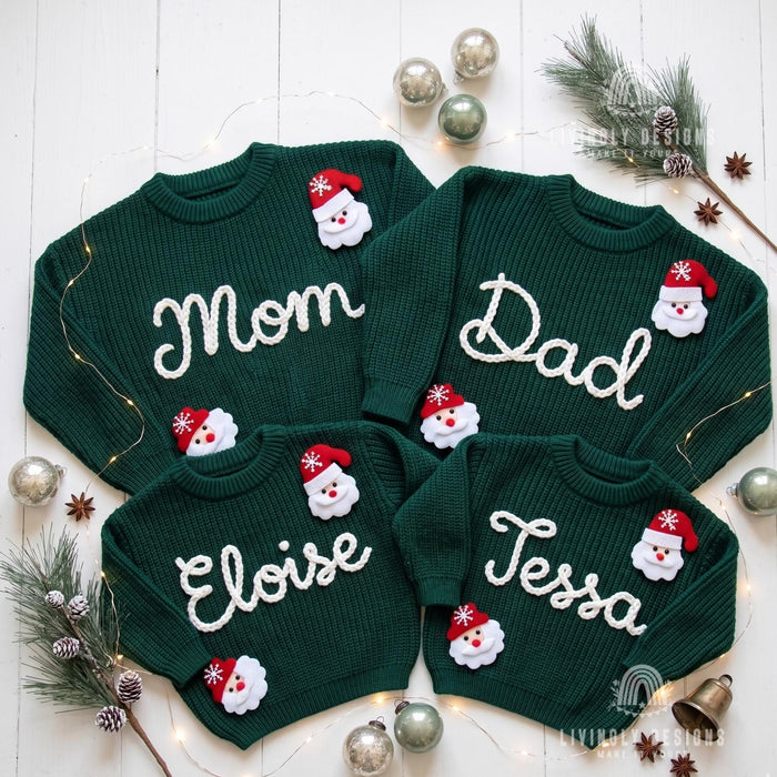 Matching Personalized Family Christmas Knit Sweaters | Custom Embroidered Name Mom Dad & Kids Jumper Set