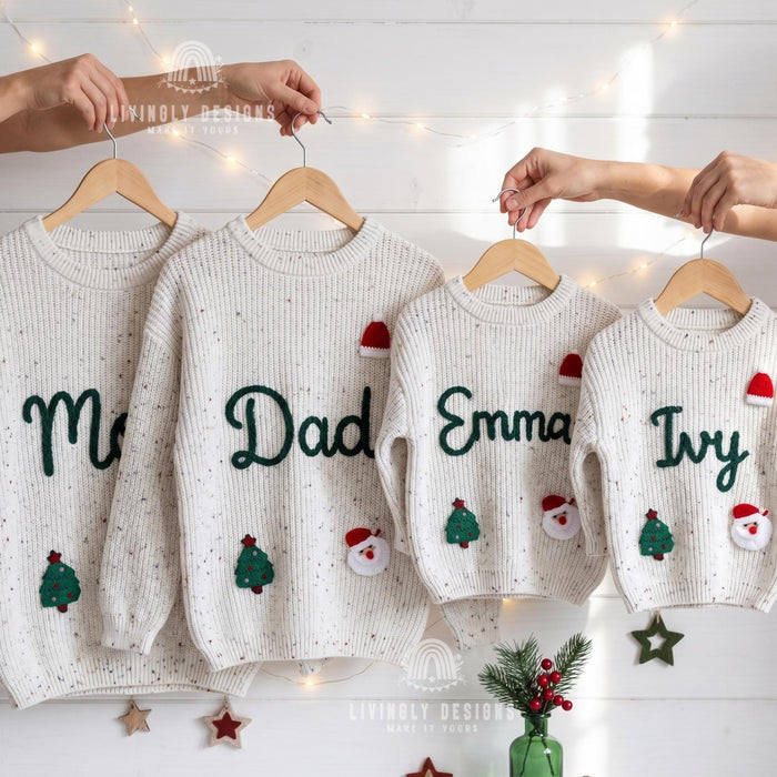 Matching Personalized Family Christmas Knit Sweaters | Custom Embroidered Name Mom Dad & Kids Jumper Set