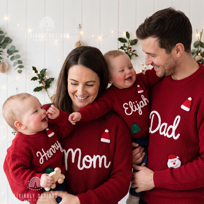 Matching Personalized Family Christmas Knit Sweaters | Custom Embroidered Name Mom Dad & Kids Jumper Set