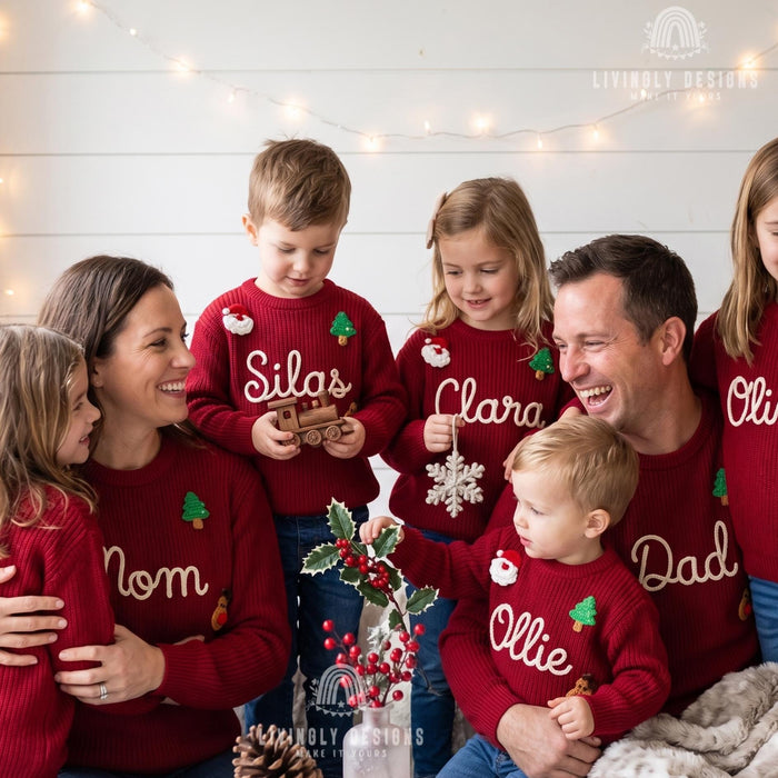 Matching Personalized Family Christmas Knit Sweaters | Custom Embroidered Name Mom Dad & Kids Jumper Set